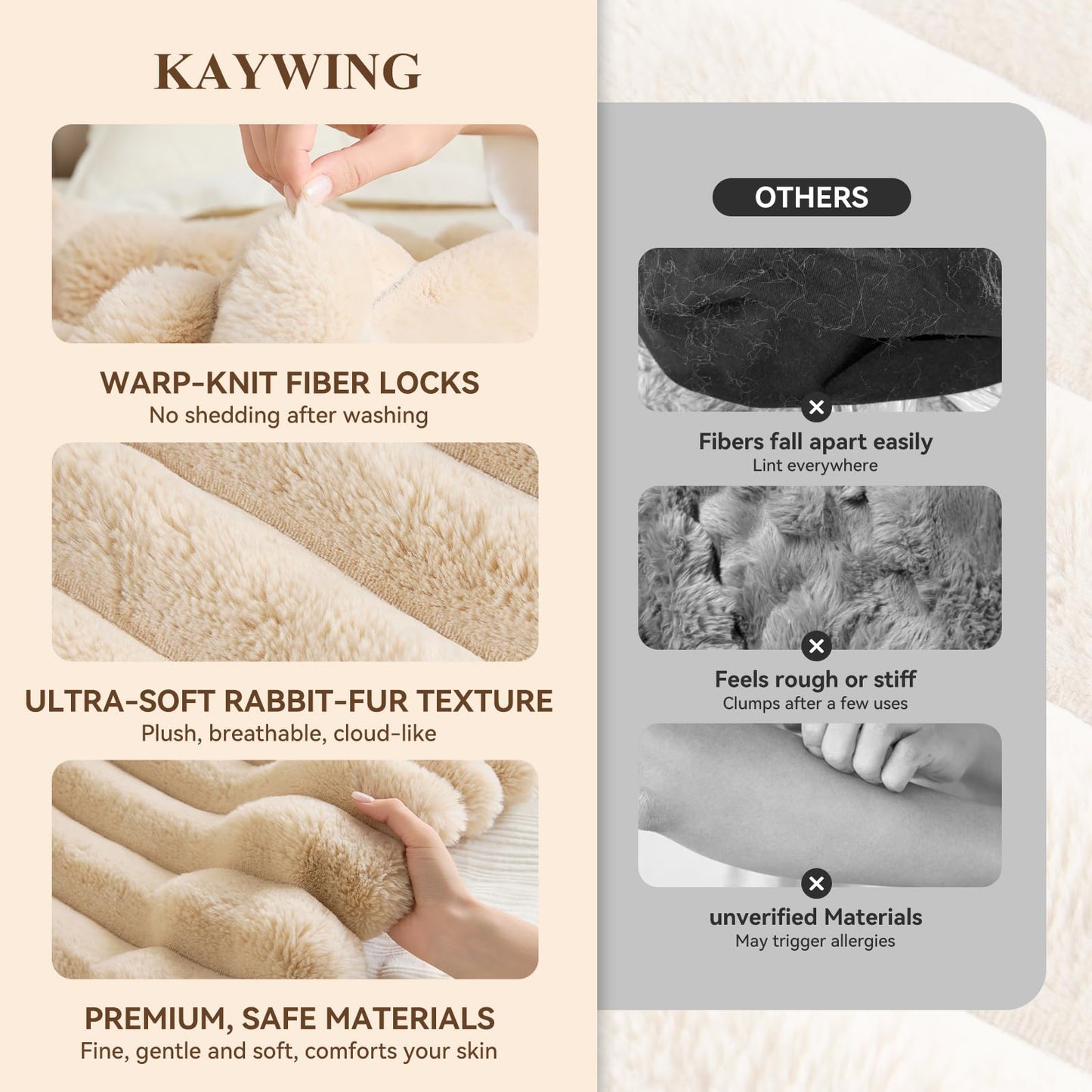 KayWing Faux Fur Throw Blanket: Beige Reversible Ultra Soft Rabbit Wide Strip Fleece - Luxury Fluffy Blanket for Sofa Bed Decor - Throw Size 50"x 60"