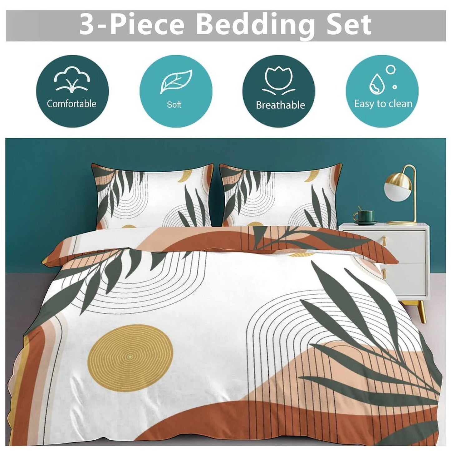 Lnepty Boho Leaf Bedding Set,Mid Century Palm Tropical Leaf Abstract Geometric Modern Minimalism Comforter Set with Pillowcase for Bedroom Bed Decor，Twin 86"x70"