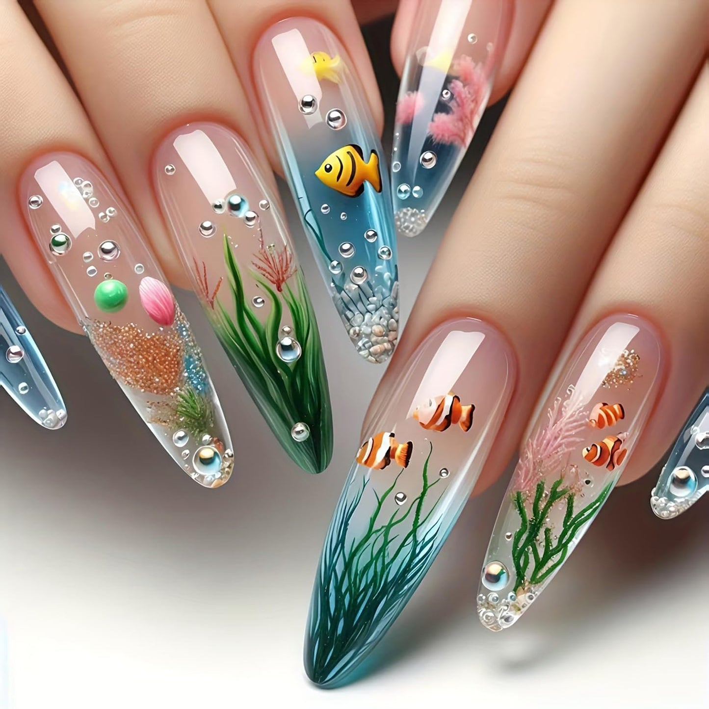 LOPMNGHT Press on Nails Long Length Almond Shaped Seaweed Fish Pattern Design Marine Life Fake Nail Full Cover Glossy Acrylic Artificial Fingernails Reusable French Tip Glue on Nails for Women 24Pcs