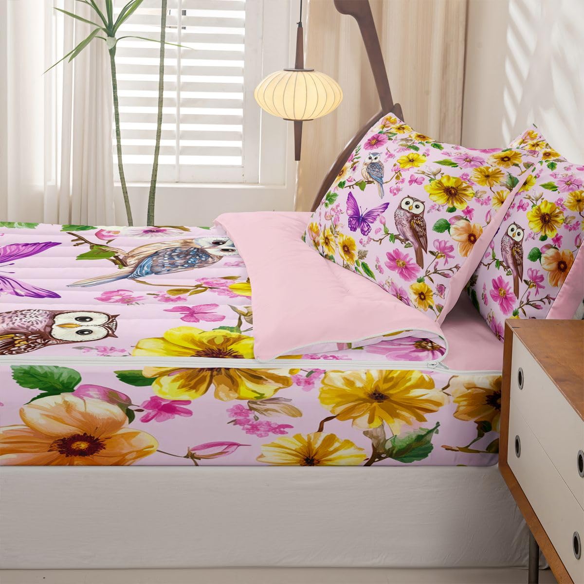 jejeloiu Owl Zipper Bedding Sets for Kids Boys Girls Yellow Floral Printed Twin Comforter Set with Fitted Sheet Purple Butterfly Bedroom Decor Spring Microfiber with 2 Pillow Cases