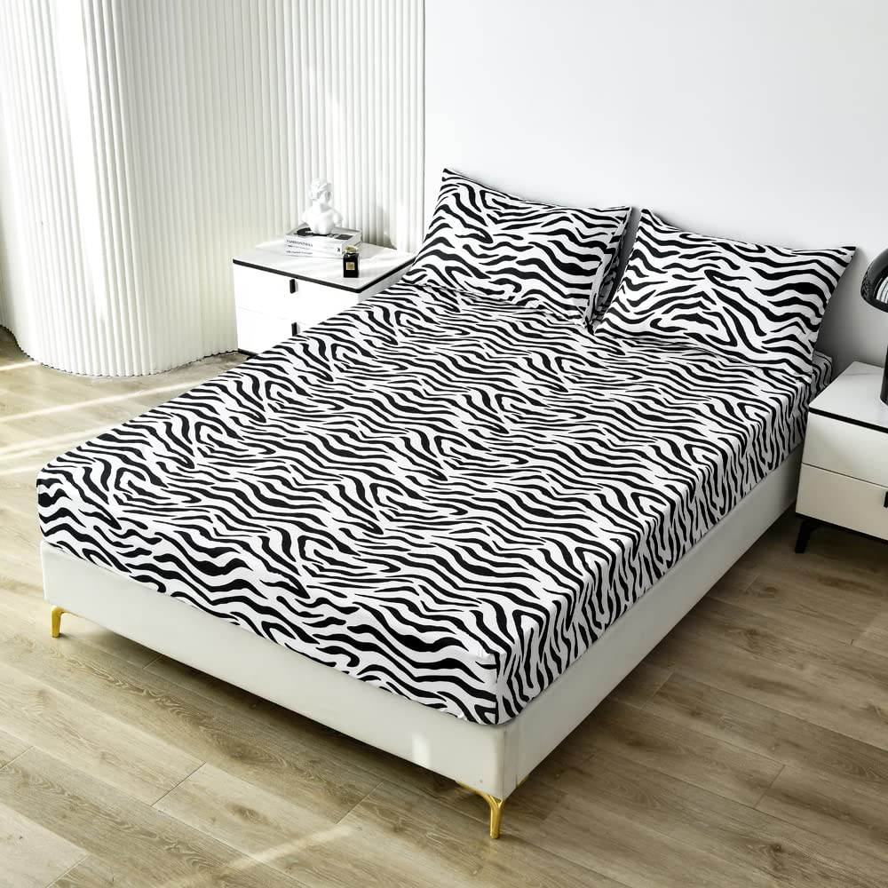 Black White Leopard Print Fitted Sheet Twin Girls Women Luxury Cheetah Print Bed Sheet Set Kids Bedroom Wild Animal Decor Bed Cover with Deep Pocket Fitted Sheet Stripe Lines Bed Set (No Flat Sheet)