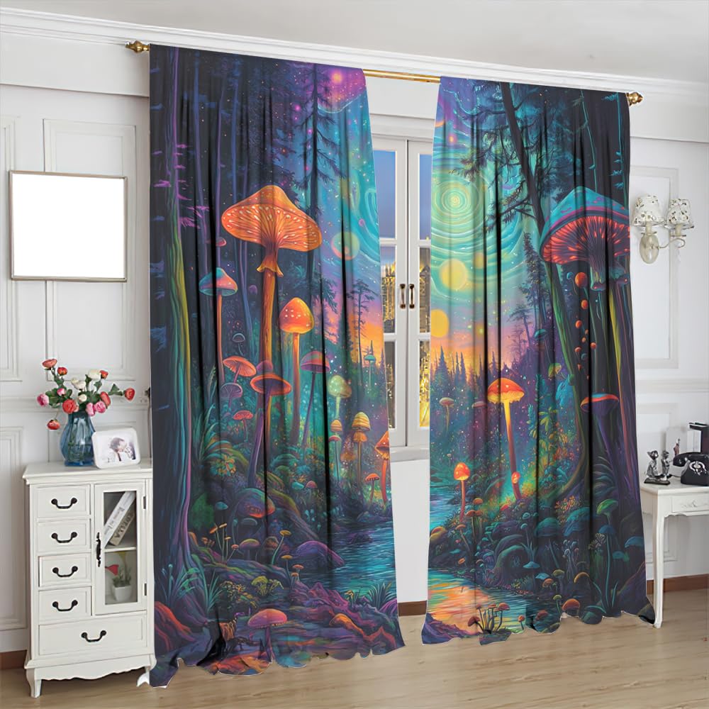SOPIYRIO Abstract Forest Mushroom Blackout Curtains Rustic River Fantasy Landscape Rod Pocket Window Drapes Room Darkening Curtains for Bedroom 2 Panels 21 W x 45 L inch