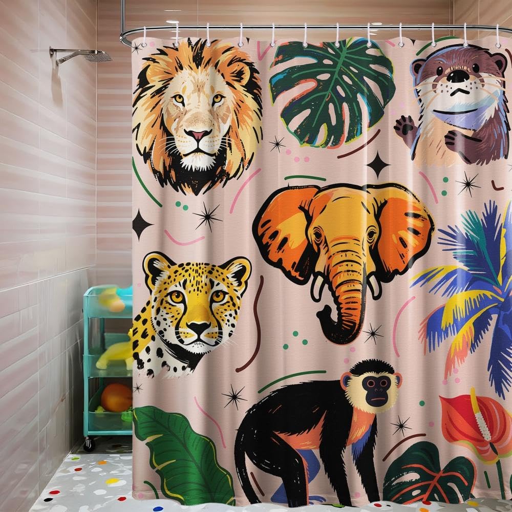 dueeia Animals Shower Curtain Tropical Jungle Wild Leopard Lion Shower Curtains for Kids Bathroom Decor, Waterproof Fabric 70 x 72 inch with Hooks
