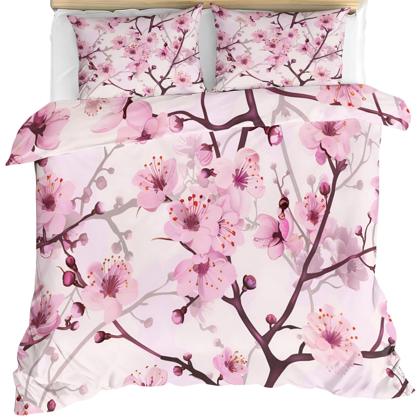 QINYUN Pink Floral Duvet Cover Oversized King, Cherry Blossoms Bedding Set 3 Piece, Girl Pink Flowers Duvet Cover with Zipper & Ties, 2 Pillowcases