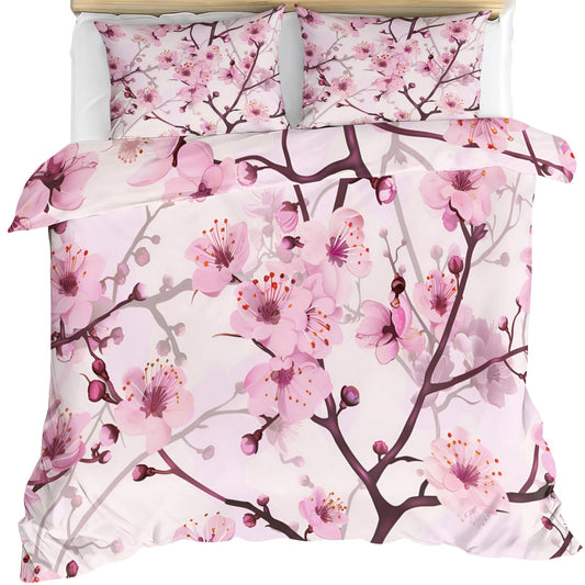 QINYUN Pink Floral Duvet Cover Oversized King, Cherry Blossoms Bedding Set 3 Piece, Girl Pink Flowers Duvet Cover with Zipper & Ties, 2 Pillowcases