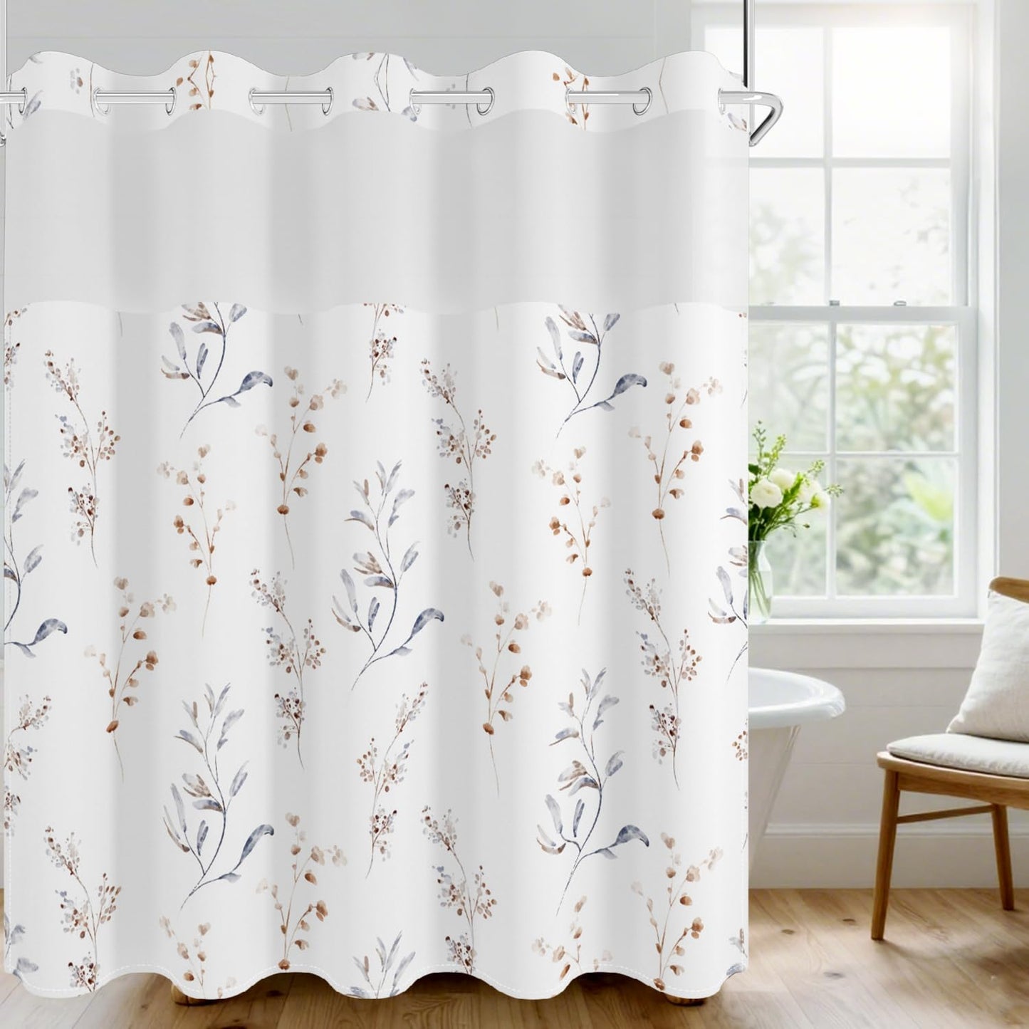 No Hook Shower Curtain with Snap in Fabric Liner Set, Waterproof & Washable, Boho Beige Floral Shower Curtains for Bathroom, Elegant Neutral Modern Hotel Botanical Flower Bathroom Curtain, 71x74 inch