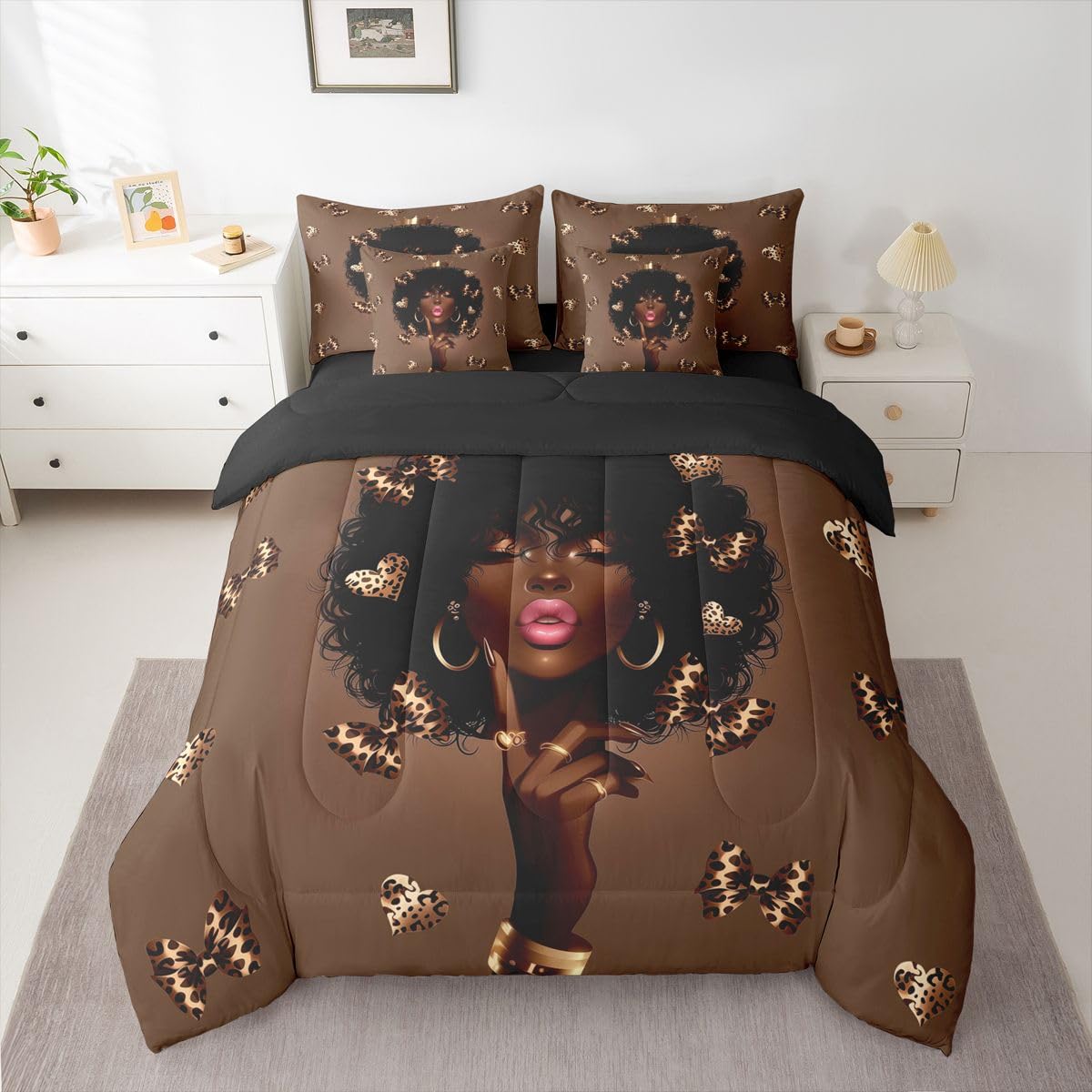 Erosebridal Cute Black Girls Queen Bedding Set Coquette Leopard Bowknot Comforter Set with Flat and Fitted Sheet Girly Cheetah Heart 7-Piece Bed in a Bag Aesthetic Bowtie Quilt Sets