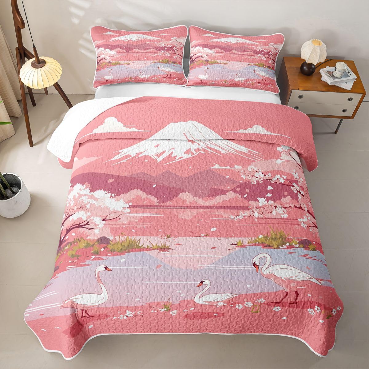 Erosebridal Japanese Cherry Blossoms Quilts Twin Size - Pink Japanese Style Bedspread Coverlet Set, Pink White Farmhouse Country Quilt Coverlets 2Pcs (Only 1 Pillowcase)