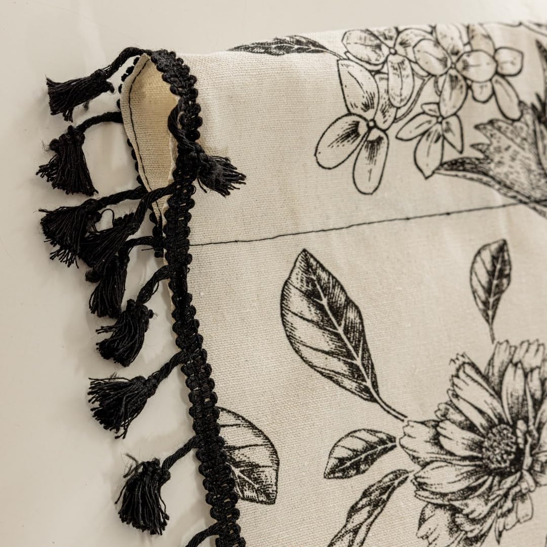F-CHU Black Floral Farmhouse Curtains Living Room Drapes 84 Inch Length Cotton Linen Boho Window Curtain with Tassel Rod Pocket Bedroom Macrame Drapes Flower Curtains, 2 Panel