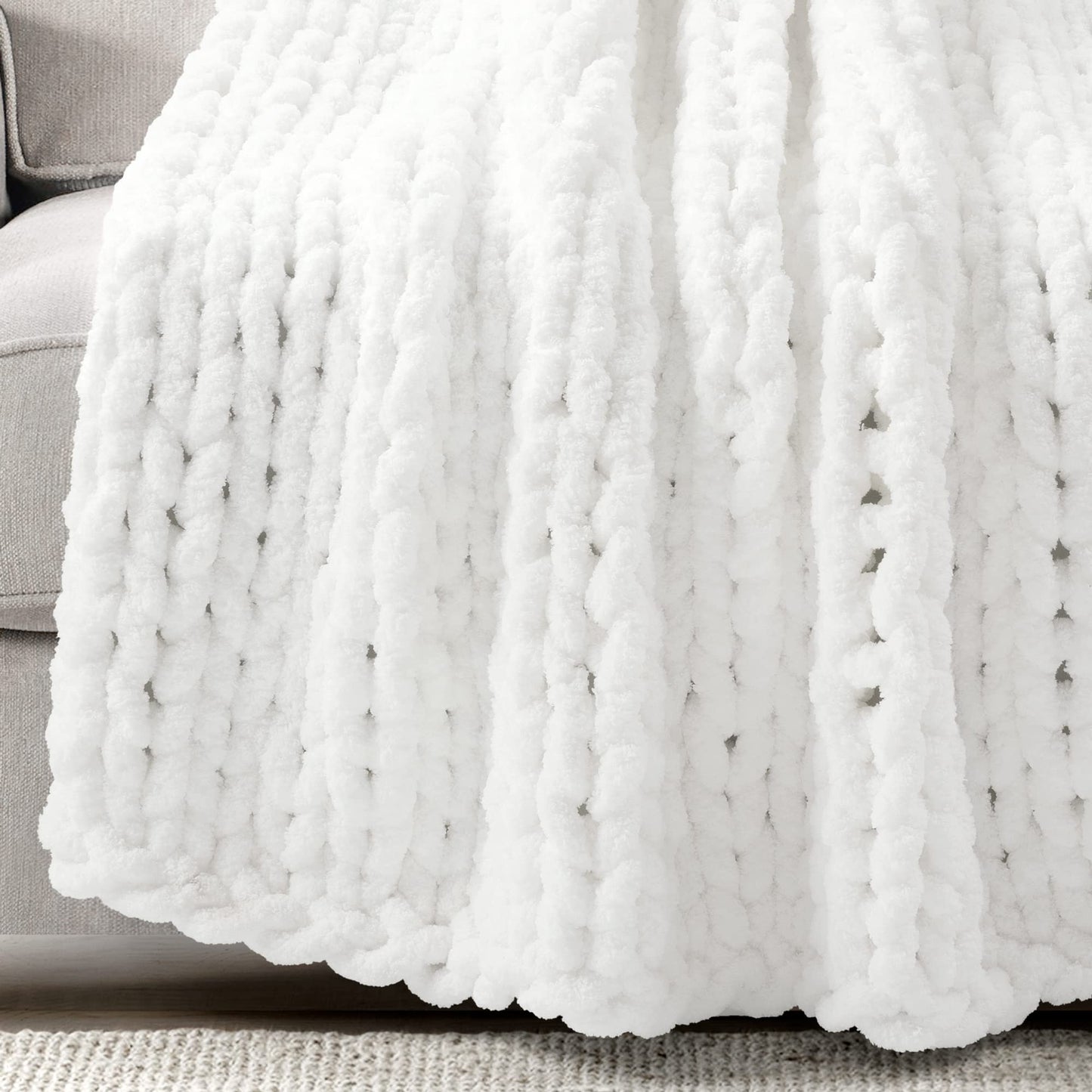 Lush Decor Hygge Ultra Soft Cozy Chenille Chunky Knit Throw Blanket Single 40" W x 72" L White - White Throw Blankets for Bed - Cozy Couch Blanket