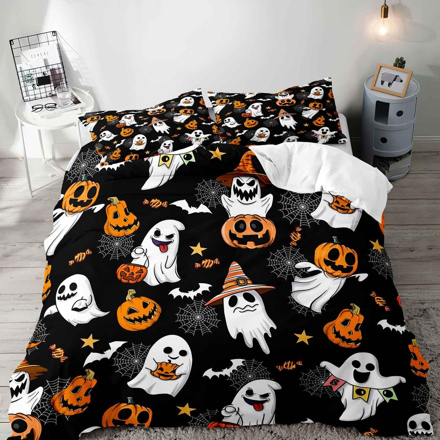 LUVIVIHOME 3PCS Funny Ghost Duvet Cover Queen Bedding Sets, Black Duvet Cover, Teens Boys Girls Kids Bedding, Spooky Witchy Horror Pumpkin Bat Cobweb Festival Halloween Comforter Cover, 2 Pillow Cases