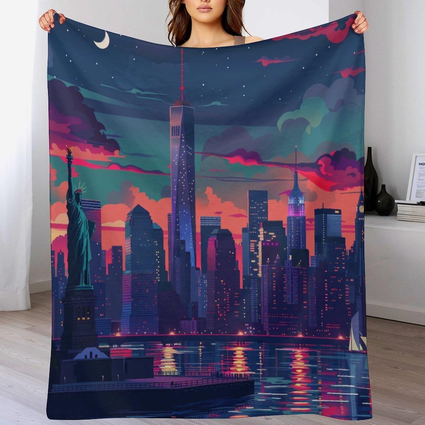 HDESDIS Abstract Cityscape Throw Blanket for Couch Bed, Soft Cozy Statue of Liberty Architecture Sofa Decor Blankets for Women, Men, 30"x40"