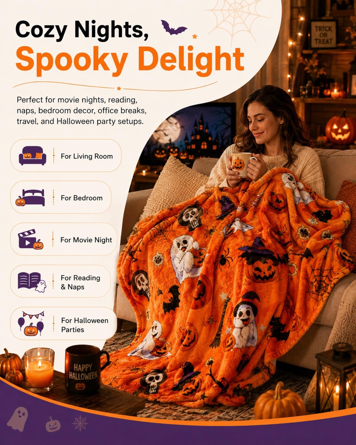 Halloween Throw Blanket Couch Cozy Flannel Decoration for Party Bed Soft Flannel Ghost Blanket Halloween Harvest Gifts Horror Ghost Bat Pumpkin(Model1,50x80in)