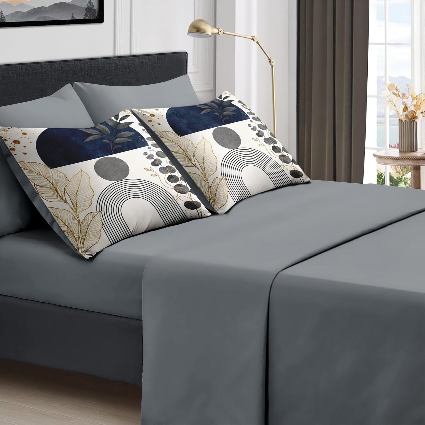 Boewywh Comforter Set Twin Size Abstract Boho Botanical 7 Pcs, Bedding for Kids and Adults, Gold Navy Bed Sheet Sets with Fitted Sheet 2 Pillowcases & 2 Shams for Bedroom Bed Decor