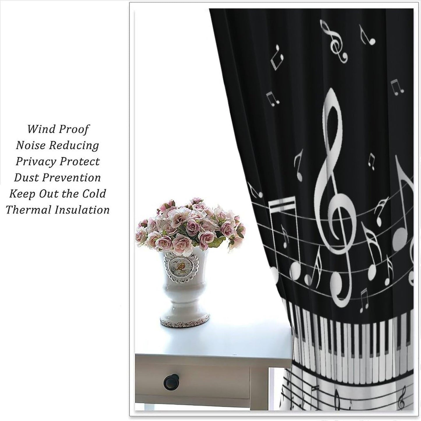 Music Notes Curtain, Black White Musical Notes Piano Key Musical Instruments Modern Romantic Art Window Drapes for Bedroom Living Room 42" W X 45" L(No Blackout)