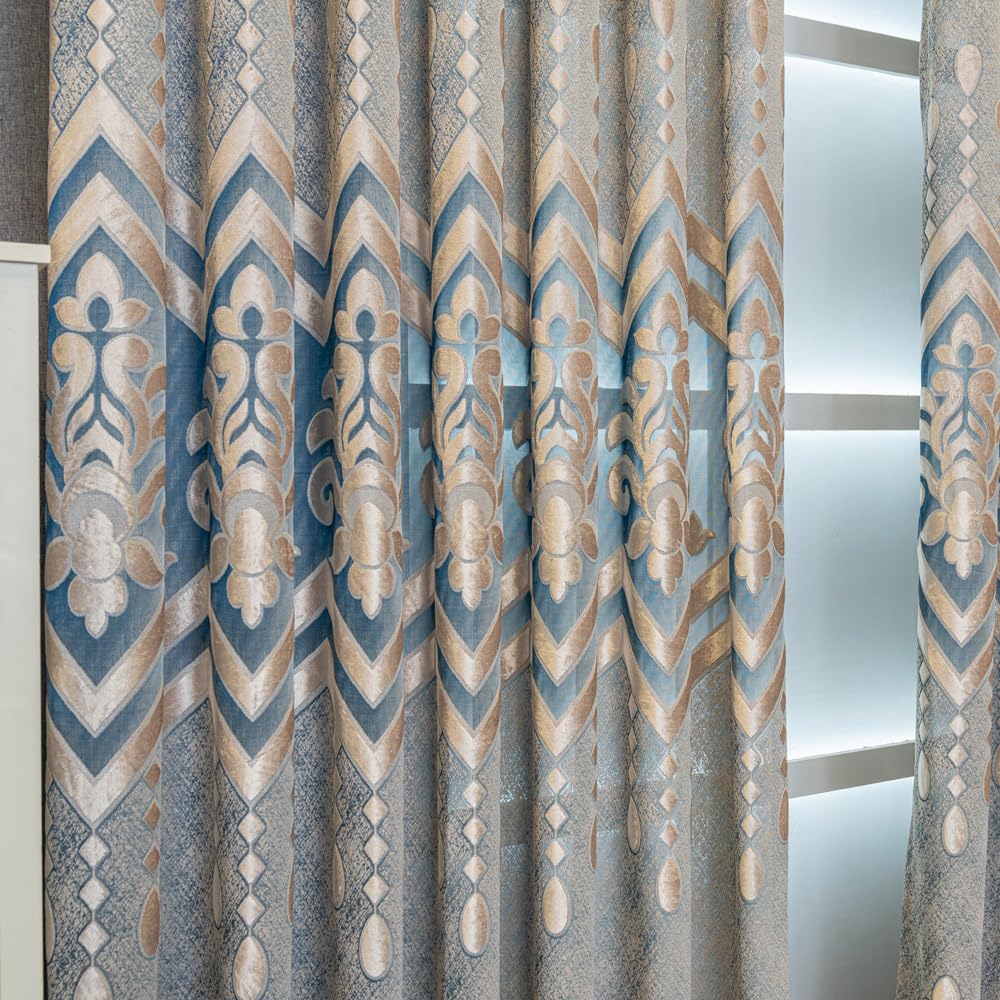 Amidoudou 1 Pair European Semi-Sheer Curtains for Living Room Bedroom Embroidered Hollow Luxury Curtains (Blue,52x90 Inch)