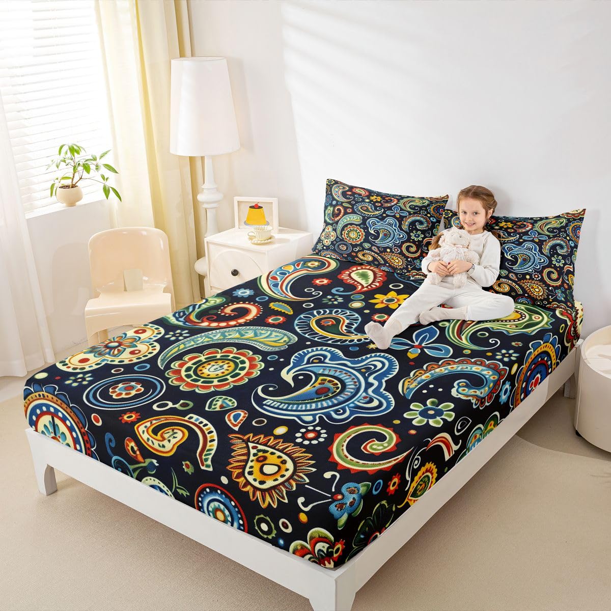 Feelyou Flower Bed Sheets Sets Queen Size Kids Boys Girls Paisley Bedding Set Boho Paisley Blue Print Bed Sheet Set with 16-Inch Deep Pockets Bohemian Exotic Style 4Pcs with 2 Pillow Cases