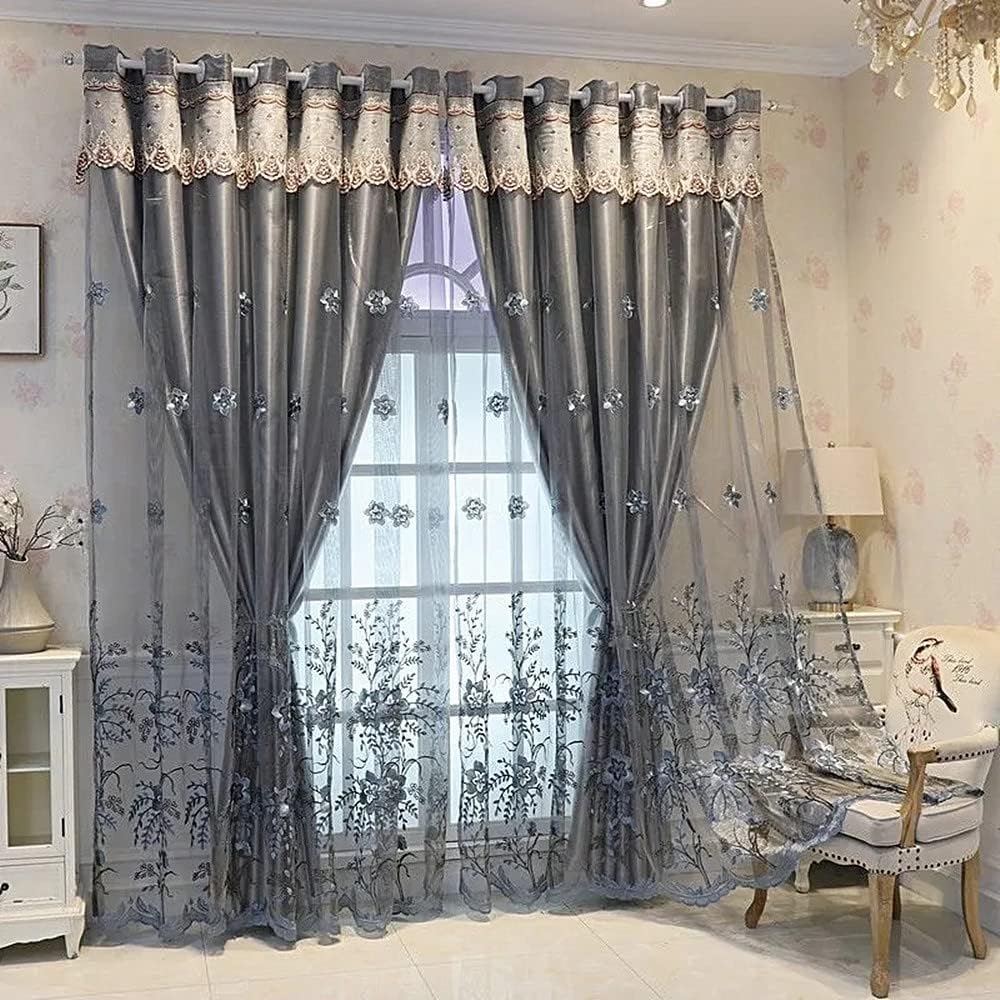 Amidoudou 1 Pair European Double Layer Curtains for Living Room Bedroom Luxury Flower Embroidered Curtains with Valance (Grey,52x95 Inch)