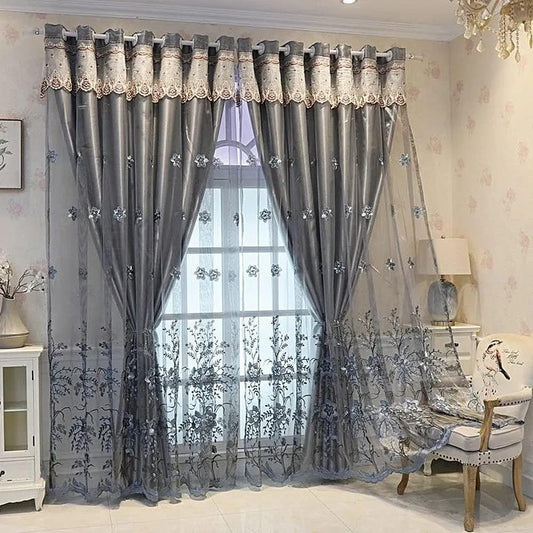 Amidoudou 1 Pair European Double Layer Curtains for Living Room Bedroom Luxury Flower Embroidered Curtains with Valance (Grey,52x95 Inch)