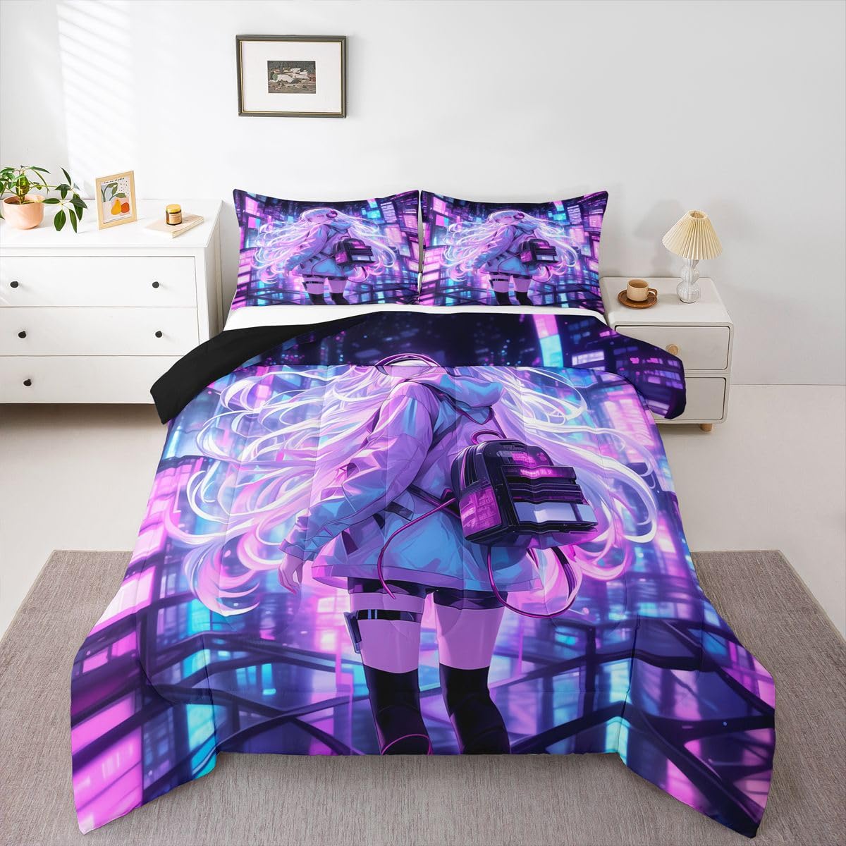 Erosebridal Japanese Girl Bedding Set Girly Anime Twin Down Comforter for Kids,Sci Fi Style Gaming Comforter Set Room Decor 2 Pcs,3D Cartoon Anime Girl Duvet Insert 1 Pillow Case