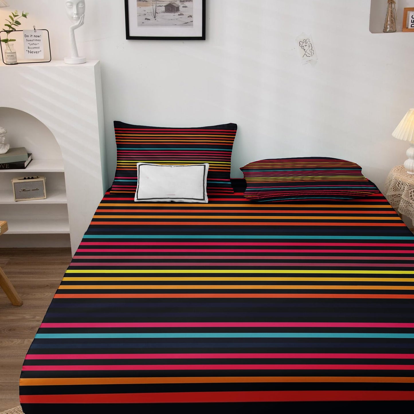 Striped Sheets Full Size, Colorful Bed Sheets, Patterned Bedding Sheets & Pillowcases 4 Piece Set - Soft Microfiber Deep Pocket Fitted Sheet & Flat Sheet & 2 Pillow Cases M&-A264