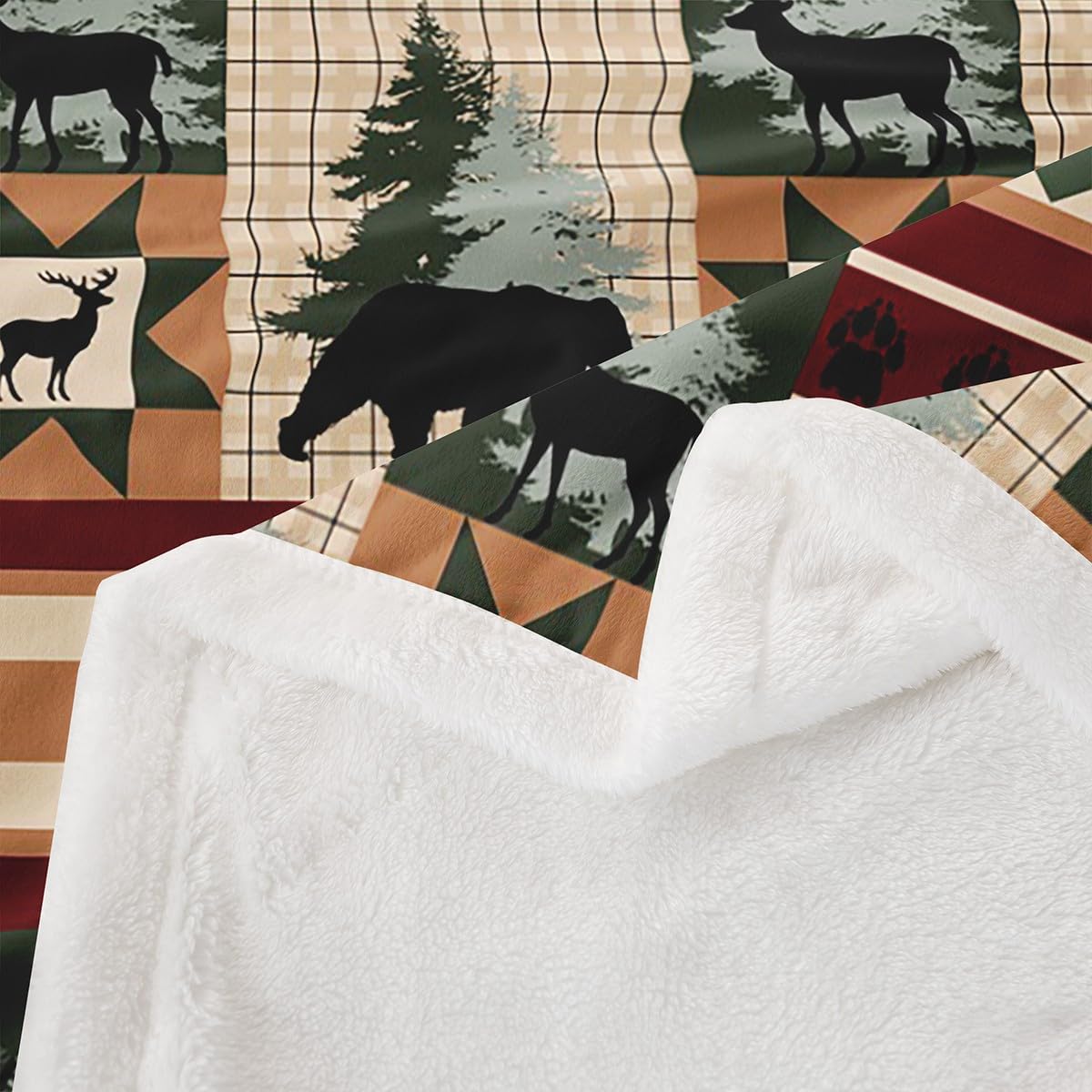Erosebridal Farmhouse Fleece Blanket Grizzly Bear Deer Sherpa Blanket 90"x90", Vintage Country Woodland Animals Rustic Reindeer Pine Trees Fuzzy Plush Throw