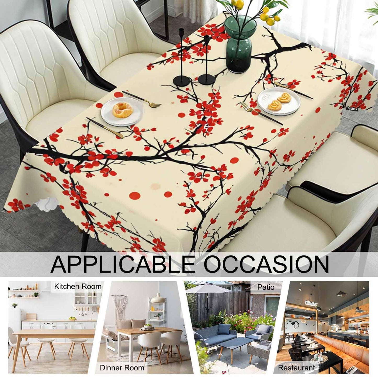 Beabes Cherry Kitchen Tablecloth Japanese Cherry Branch Red Indoor Outdoor Table Cover Anti-Oil Table Cloths for Wedding Banquet Dinner Tablecloths, 52x70 Inch(4-6 Seats)