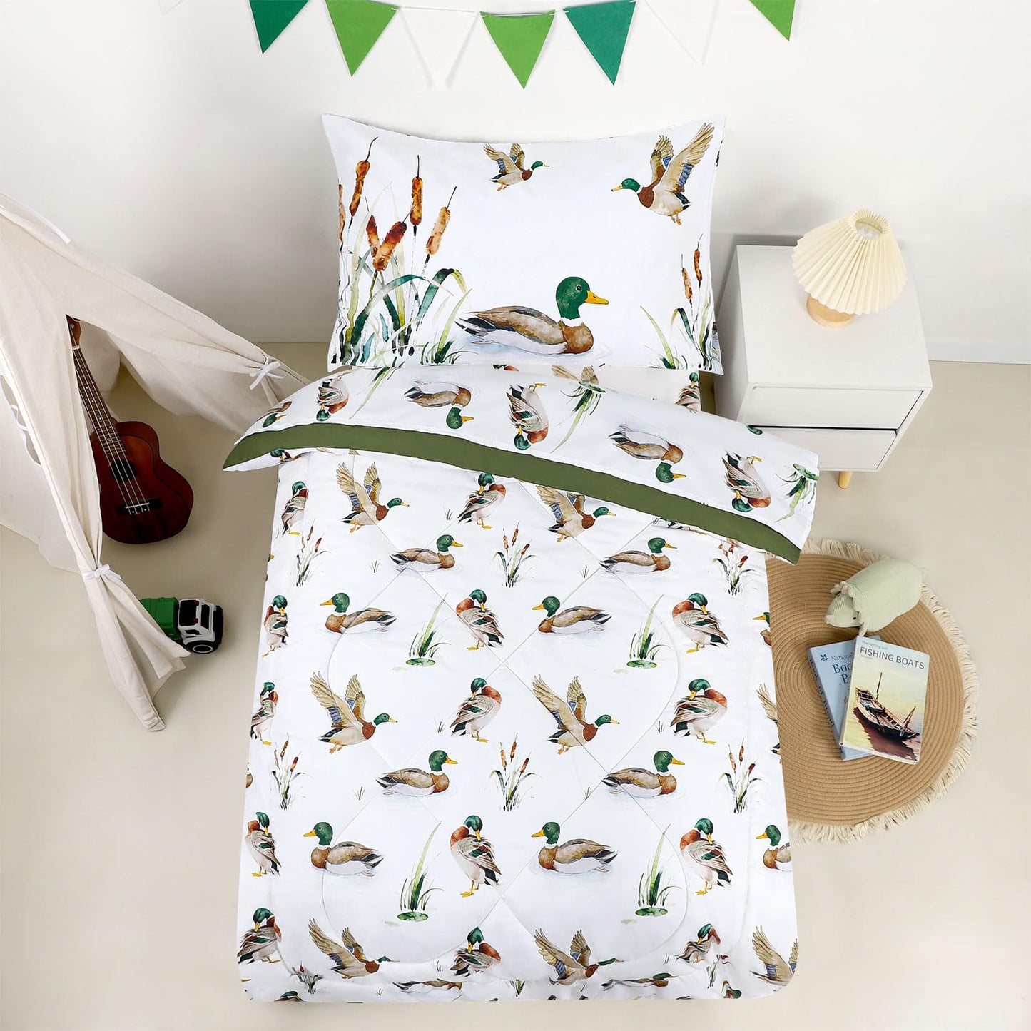 CARUILI Mallard Duck Toddler Bedding Set for Boys, 4 Pieces Soft Microfiber Green Toddler Comforter Set for 28" x 52" Toddler Mattress & Crib, Includes Comforter, Flat Sheet, Fitted Sheet, Pillowcase