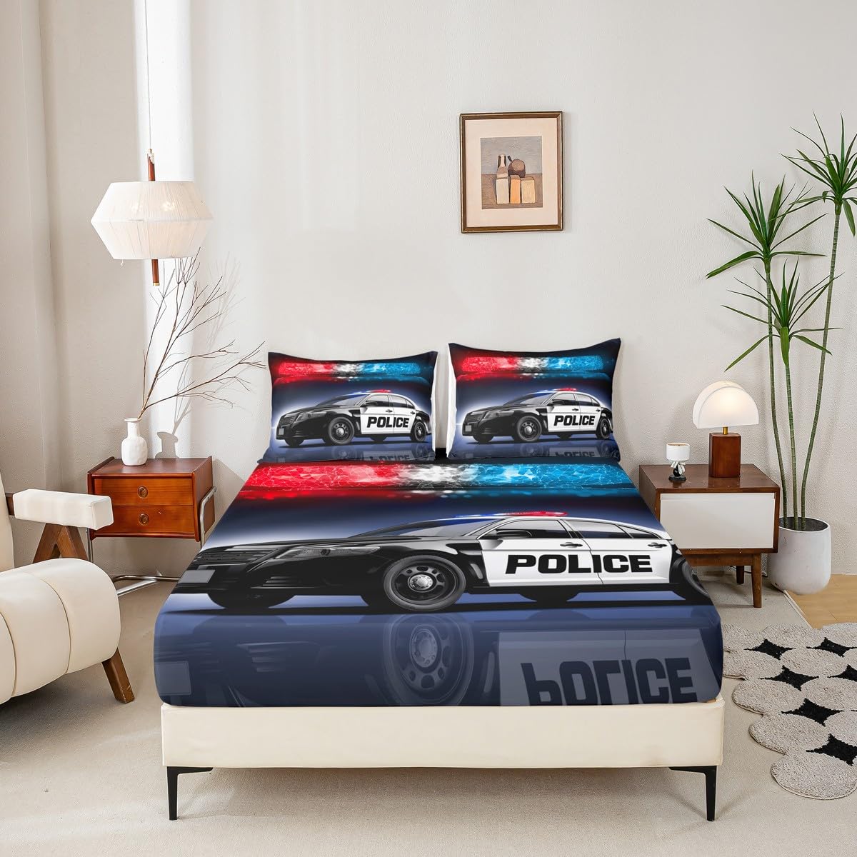 Erosebridal Boys Police Car Bed Sheet Set King Size Kids Children Policeman Vehicle Bedding Sets Red Blue Cop Lights Sheet Set Geometric Graphic Deep Pocket Fitted Sheet+ Flat Sheet + 1 Pillow Case