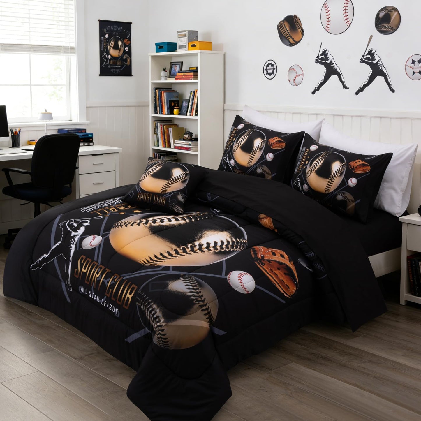 A Nice Night Baseball Printed Comforter Sets,with ‌Baseball Glove Player‌ Printing Twin 6Pcs Bedding Set in a Bag for Teen Boys