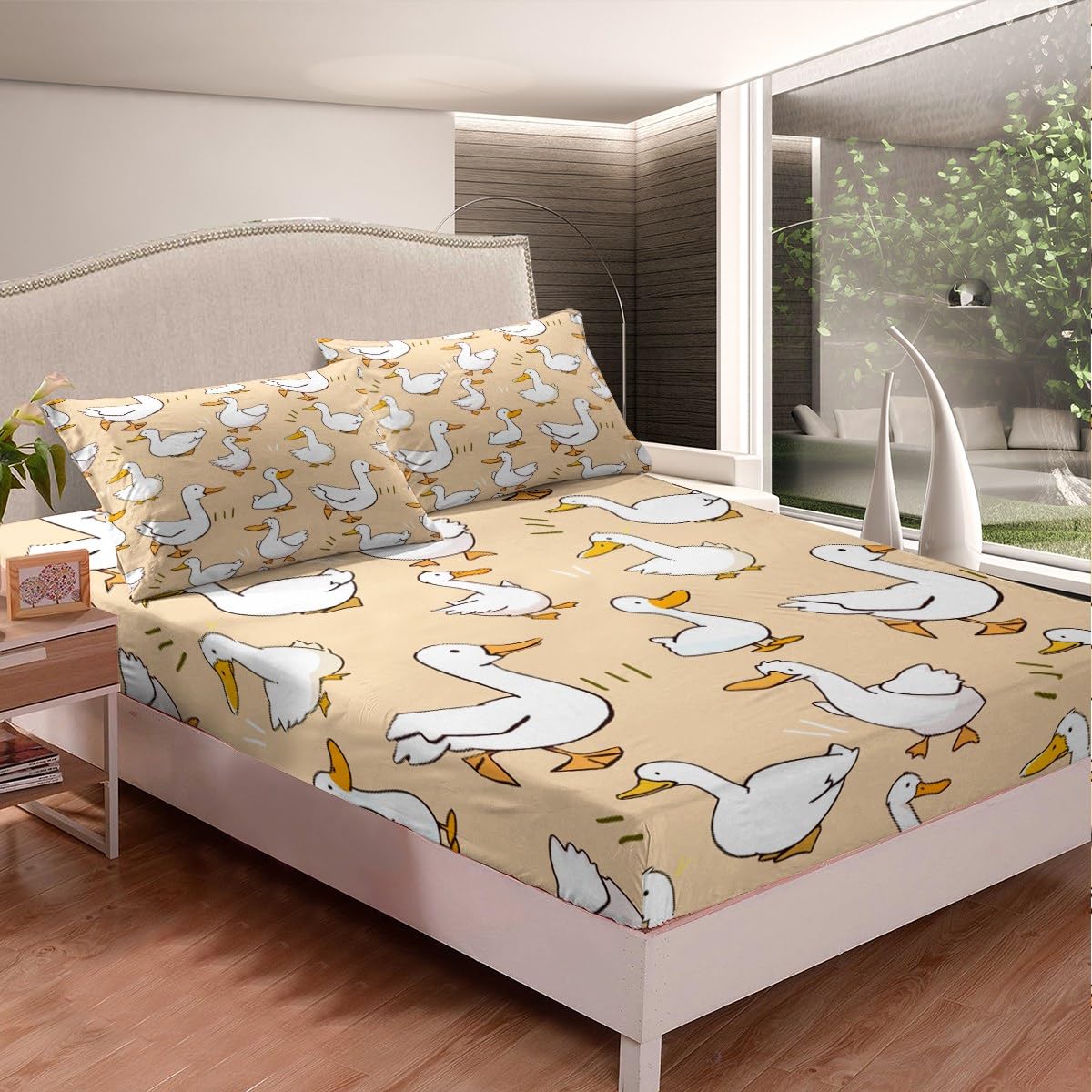 Homewish Cute Duck Fitted Sheet Full Size,Cartoon Farmhouse Livestock Animal Soft Fabric Deep Pocket Mattress Cover,Kawaii Goose Hand Drawn Orange Bed Cover with 2 Pillowcases,No Flat Sheet