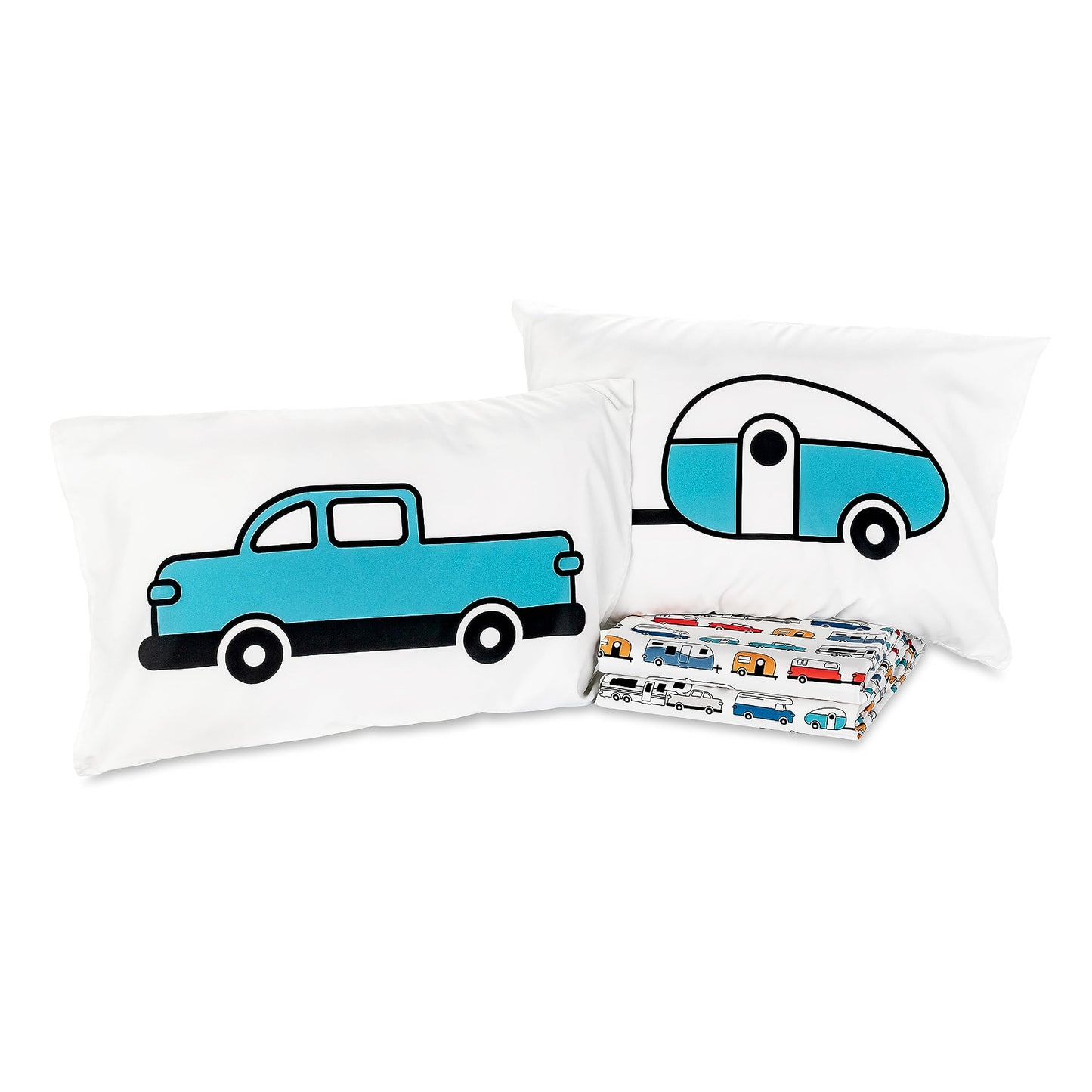 Camco Camper & RV Queen Sheet Set - Features Travel Trailer Print Design - Crafted of Soft Machine Washable Polyester - 4 Piece Set Includes Fitted Sheet, Flat Sheet, & 2 Pillowcases (53299)