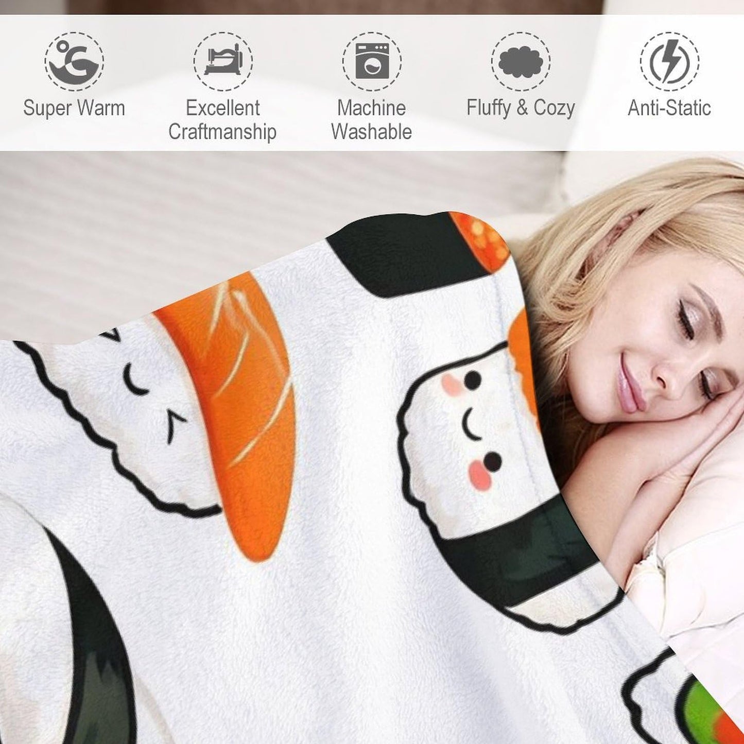 UTRSIFB Thick Carpet Chair Bedspreads Fashion Blanket Flannel Cover for Men and Women Cute Food Japanese Sushi