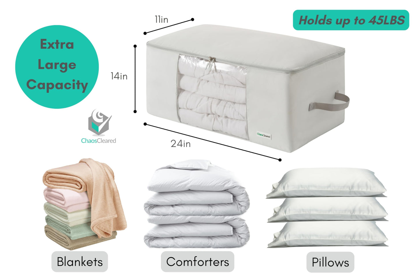 Comforter Storage Bag - Folding Organizer bag for King/Queen Comforters, Pillows, Blankets, Bedding/Quilt, Blanket, Duvet, Large Collapsible Organizers, 24"x14"x11" (2 Pack Gray, 2 Pack)