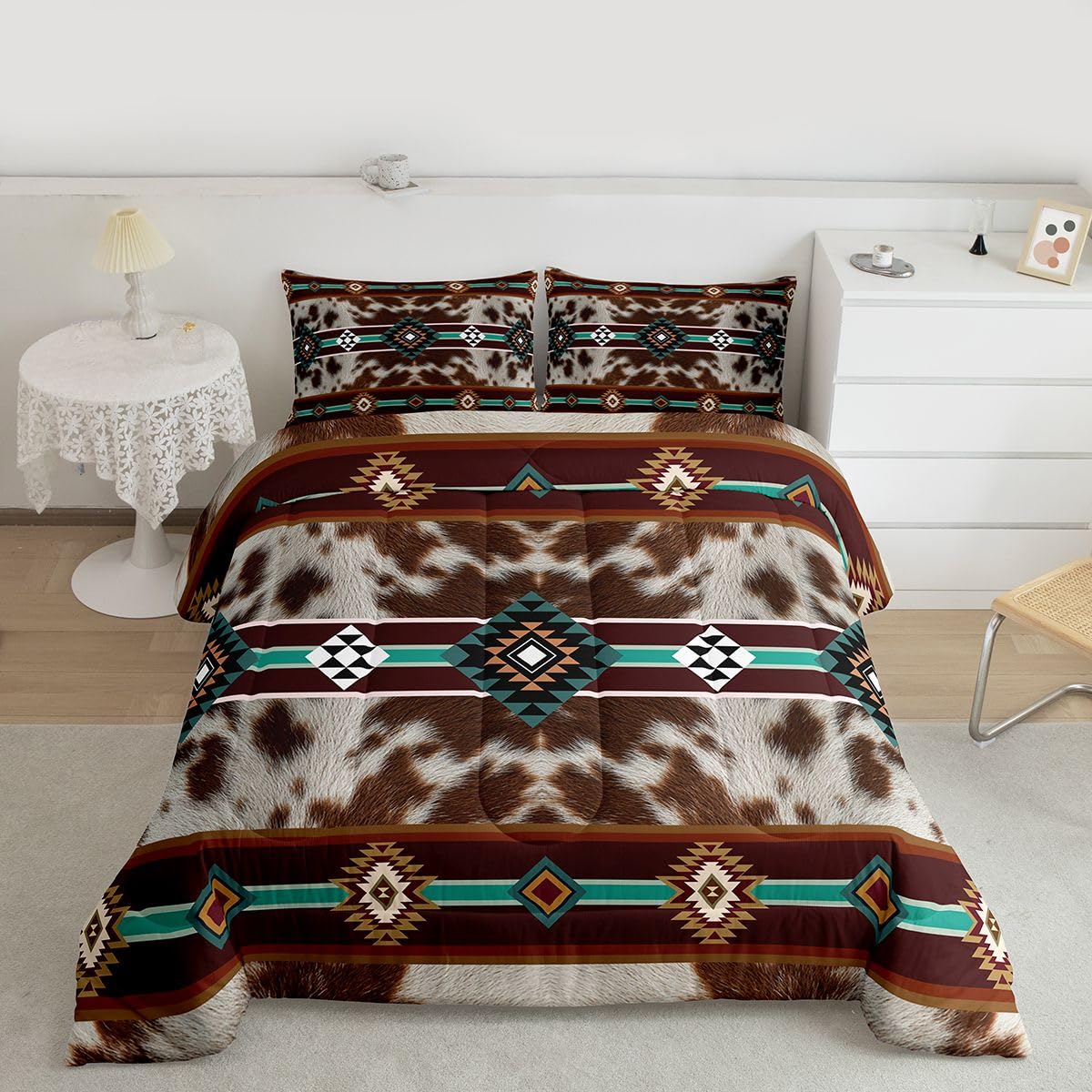 jejeloiu Cowhide Pattern Comforter Set All Season Cow Fur Print Bedding Set with 2 Pillow Cases Boho Geometric Microfiber Kids Queen Bedclothes Western Farm Animal Skin Bedroom Decor Duvet Quilt Soft