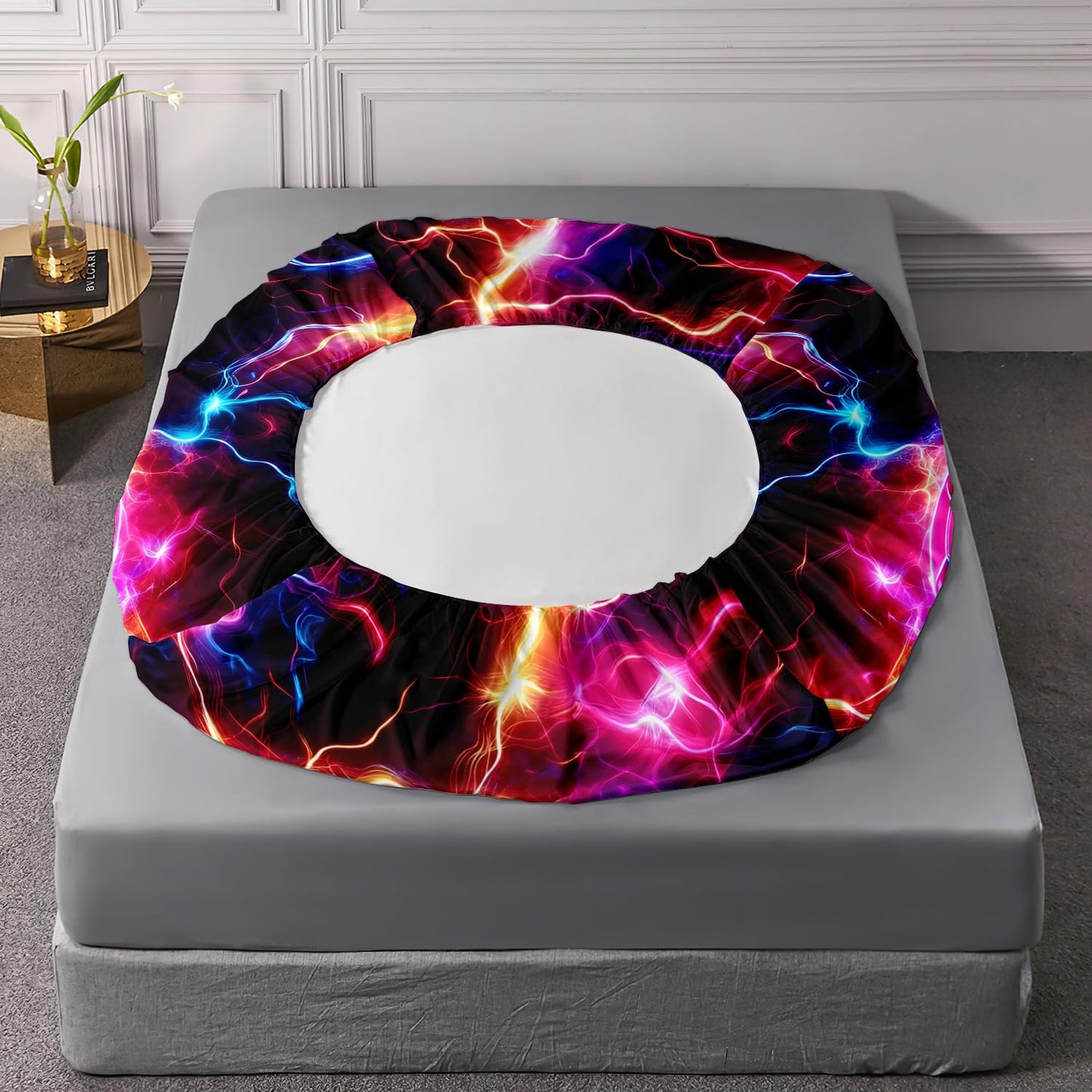 HOSIMA Soccer Fitted Sheet Full for Kids,Football Wrapped in Lightning Print Sports Bedding for Boys Room Decor,Neon Lightning Pattern Soccer Bedding,1 Fitted Sheet+2 Pillowcases.