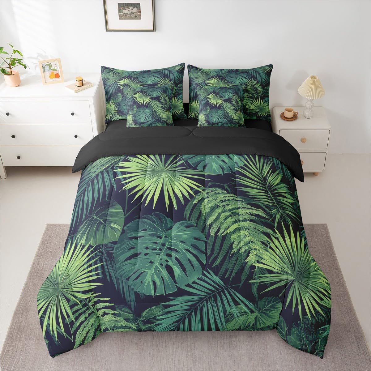 Erosebridal Palm Leaves King Comforter Set 7 Pieces, Monstera Bed in A Bag for Bedroom, Hawaii Tropical Leaves Bedding Set with Comforters, Sheets, Pillowcases Summer Boho Hippie Style Room Decor