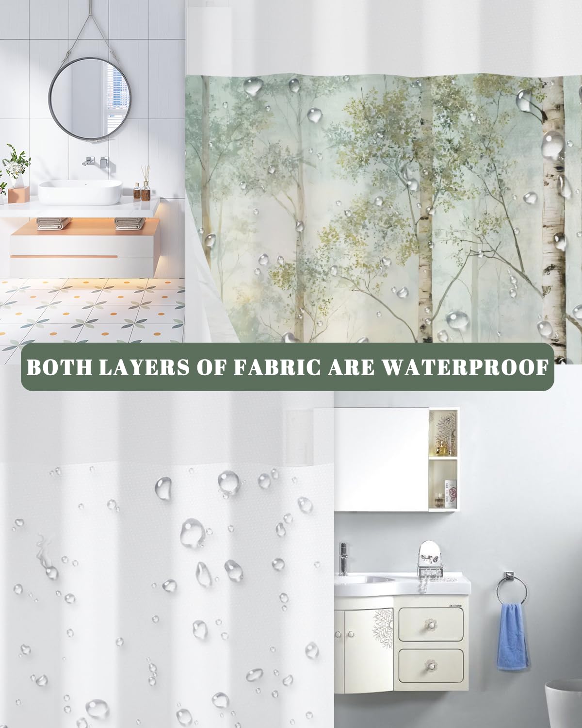Xiazhilaio No Hook Shower Curtain and Liner Set, Birch Tree Forest Double Layer Waterproof Fabric Bath Tub Curtain for Rustic Farmhouse & Woodland Bathroom Decor, See Through Top, 71 x 74 Inch