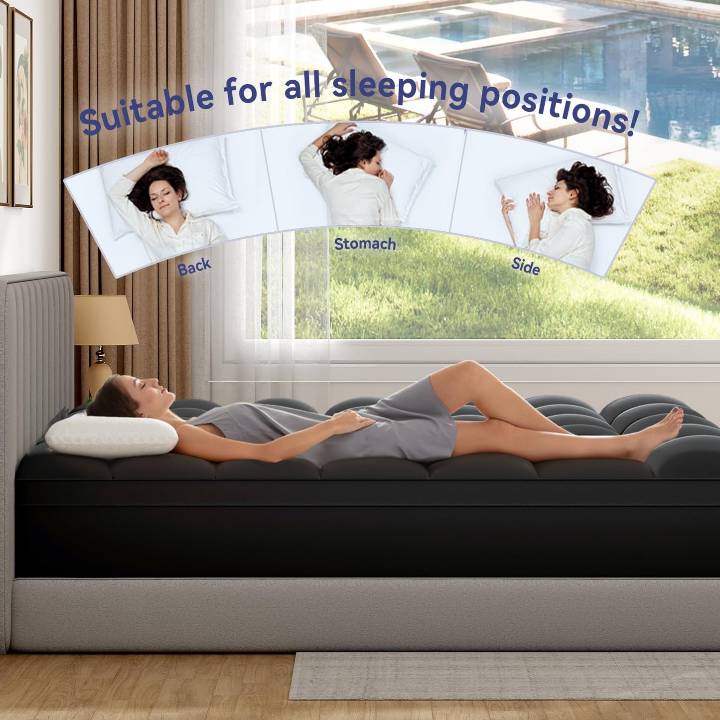 ELEMUSE Queen Black Mattress Topper for Back Pain, Extra Thick Mattress Pad Cover, Plush Soft Pillowtop with Elastic Deep Pocket, Overfilled Down Alternative Filling