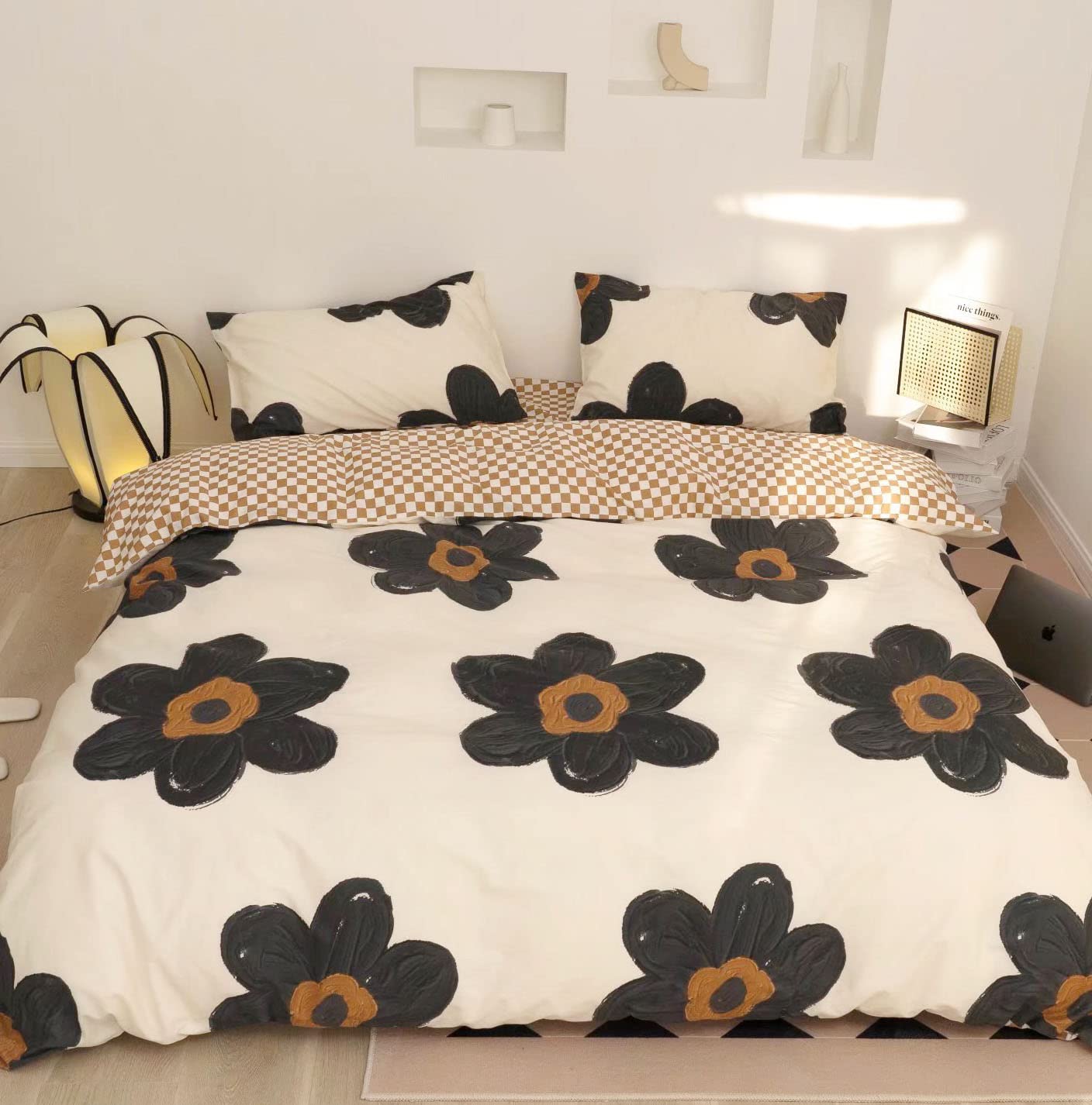 KAREVER Black Floral Comforter Set Black Botanical Bedding Full Women Chic Blankets Lightweight Black Sunflower Reversible Bed Comforter Set Full Size