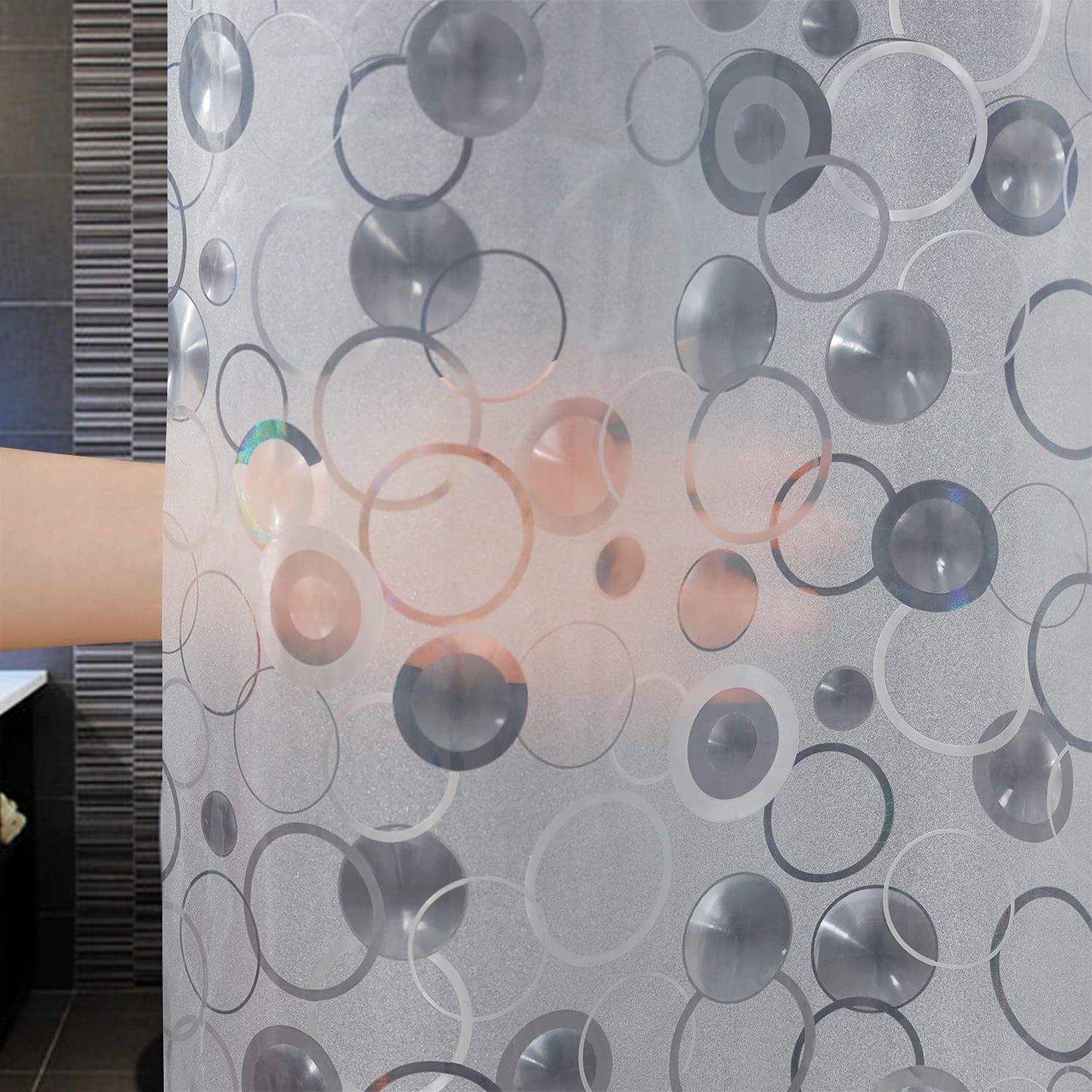 AooHome 72x75 Plastic Shower Curtain Liner - EVA 3D Circle Pattern Design Standard Bathroom Shower Curtain with Hooks, 5 Bottom Magnets, 10G Heavy Duty, Water Repellent, Semi Transparent, 72x75 Inch