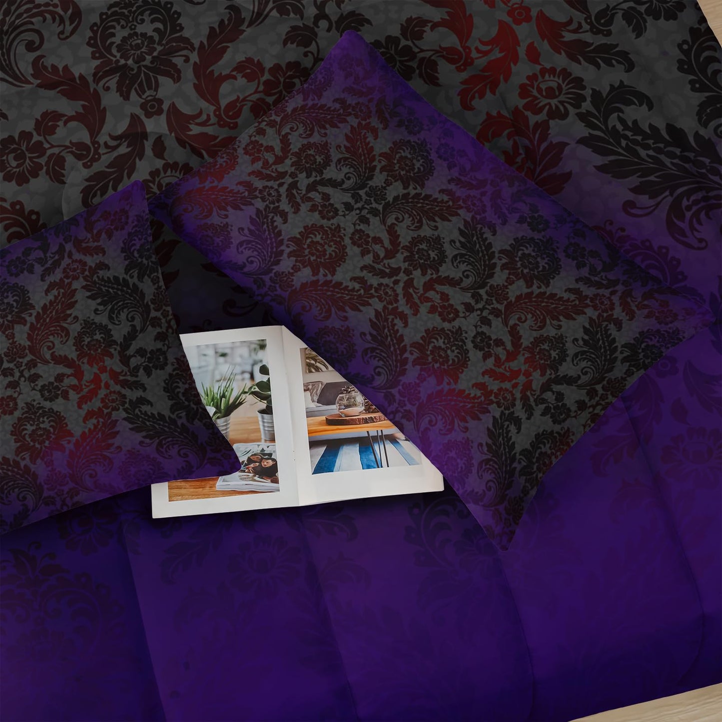lneffble Black Purple Paisley Floral Victorian Gothic Comforter Set Full，Gothic Bedding Set Full Purple，with 1 Comforter with 2 Pillow Case，Halloween Room Decor for Bedroom