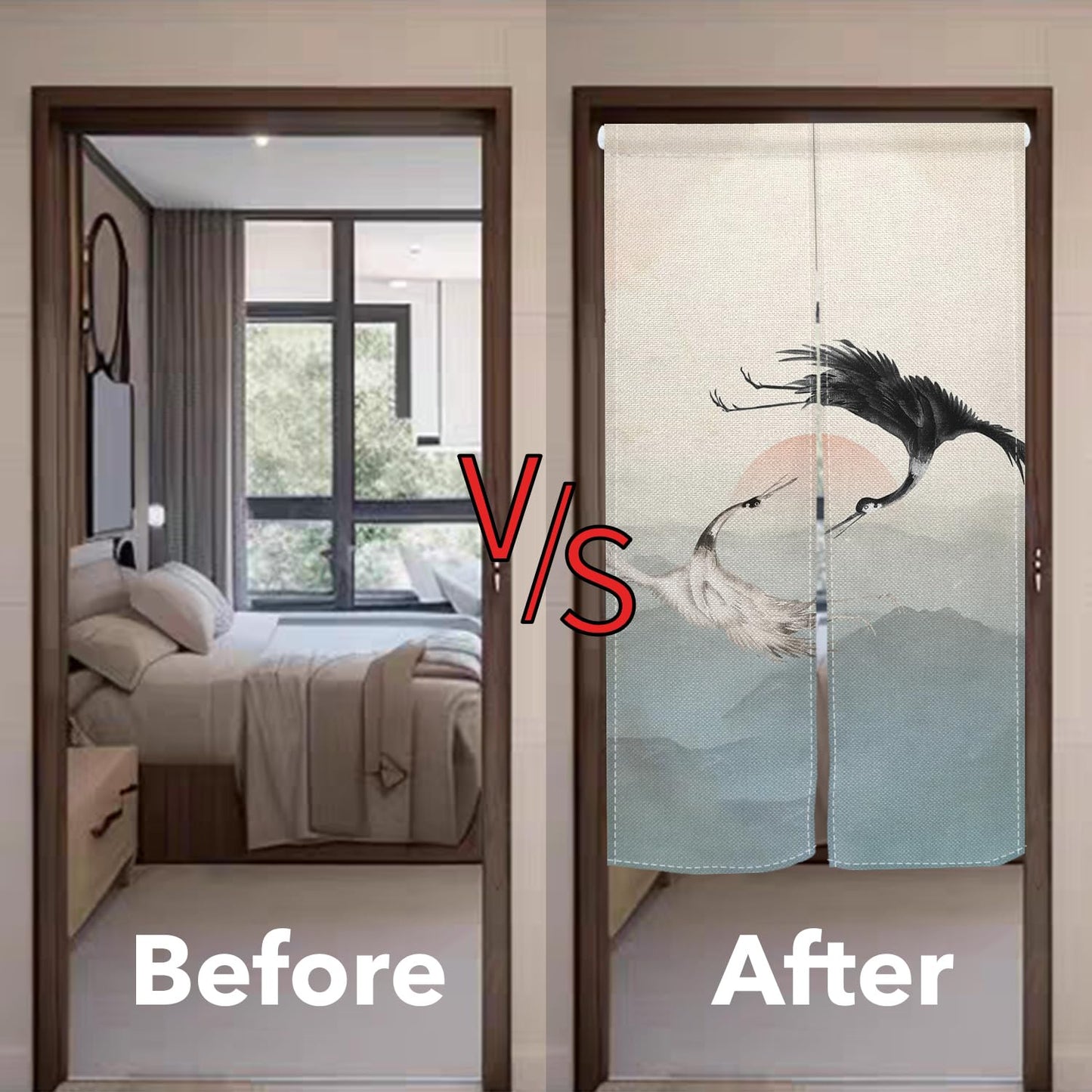 Leowefowa Long Noren Japanese Doorway Curtain Traditional Painted Mount Door Curtains Tapestry Treatment Long Doorway for Hanging Room Privacy Partition Kitchen Home Decor(Sun, Cranes), 33.5"x 70.9"