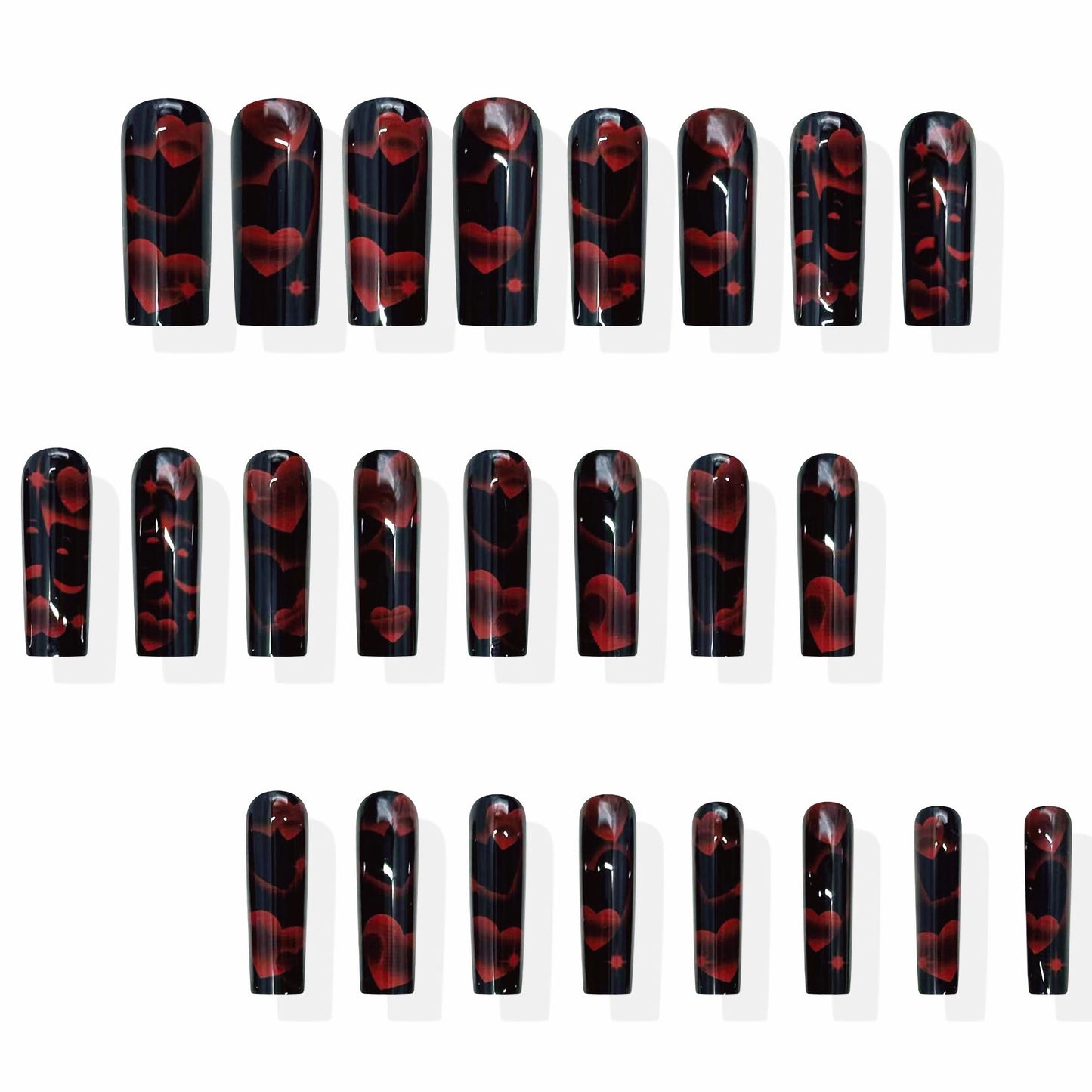 MERVF Press on Nails Long Square, Black Solid Color Fake Nails Red Heart Design Glue ons Goth Acrylic Nail Glossy 24pcs