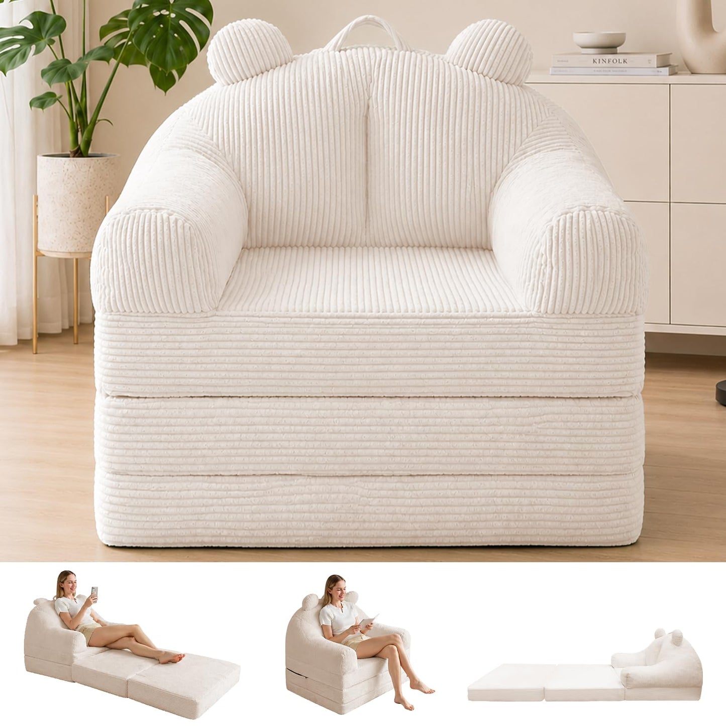 DANGHOOGY Folding Sofa Bed, 2 in 1 Convertible Sofa to Lounger Comfy Single Floor Sofa Couch for Adults, Single Couch with Handle, Faux Fur Couch Bed for Living Room Bedroom, Cream