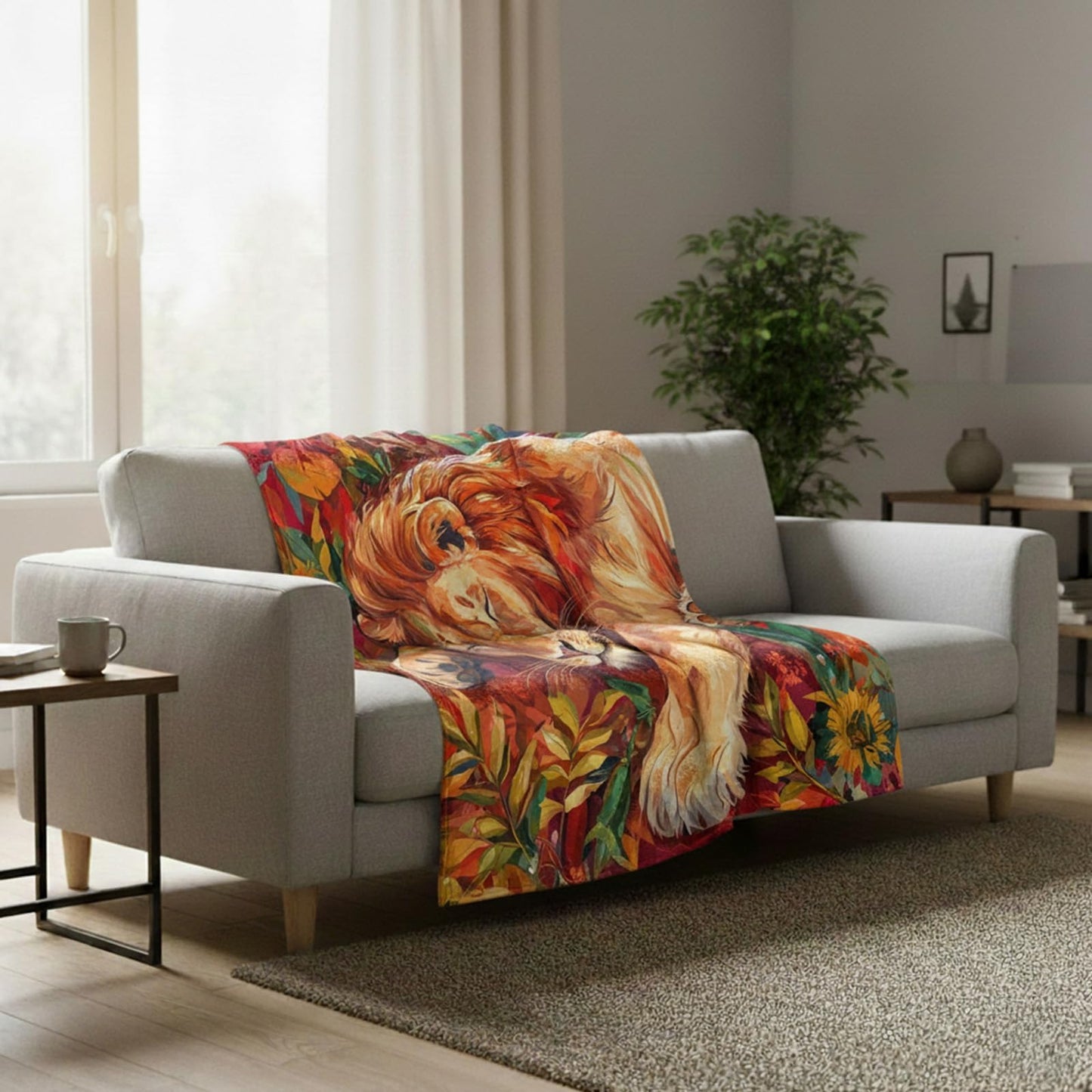 kampdream Lion Throw Blanket, Cozy Flannel Blanket with Sleeping Lion and Autumnal Foliage Design, Super Soft Nap Warm Blanket for Couch Sofa Chair Living Room Unique Gift Red 50×60 inch