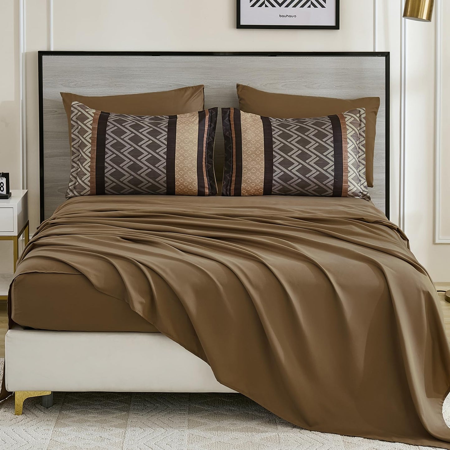 Cottolester Brown Comforter Set Queen Size,Boho Striped Bed in a Bag,7 Piece Plaid Comforter and Sheet Set, Soft Microfiber Complete Bedding Sets