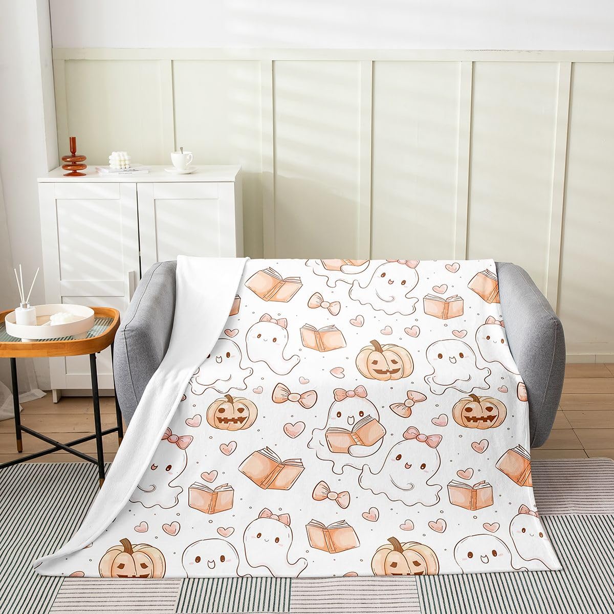Feelyou Ghost Flannel Blanket Plush Fuzzy Halloween Themed Fleece Throw Blanket for Boys Girls Trick or Treat Plush Lightweight Sofa Throw Spooky Pumpkin 40"x50" for Bed Couch Chair Living Room