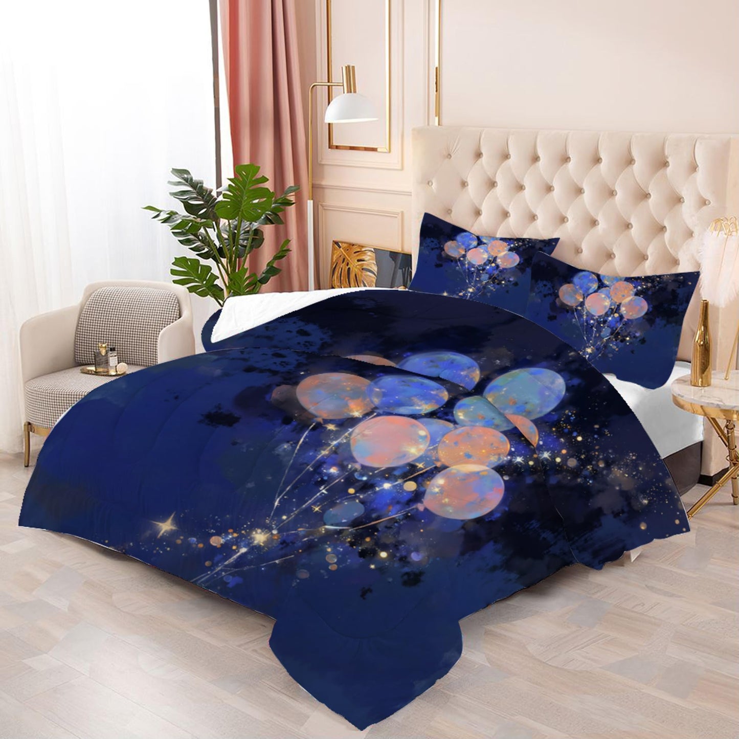 EDGZKO Navy Blue Galaxy Balloon Bedding Set Full Size Starry Sky Print Comforter Set Soft Microfiber Bed Sets for Kids Girls Boys Teens Adults Room Decor, 1 Comforter 2 Pillowcases
