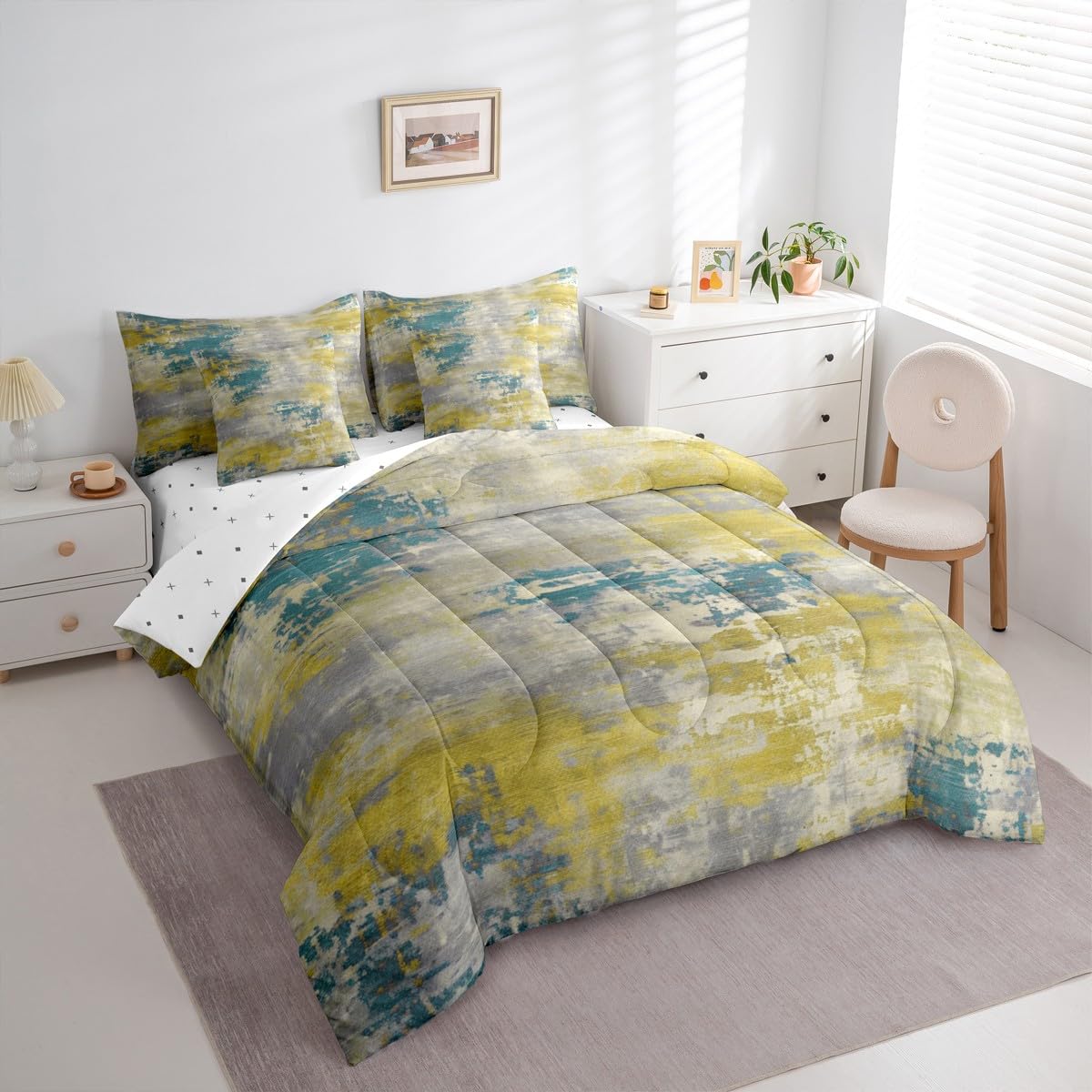 Erosebridal Lime Green and Blue Watercolor Comforter Set 7 Pcs,Modern Abstract Bed in A Bag for Kids Teens Adult,Ombre Gradient Tie Dye Fitted Sheet,Grunge Aesthetic Quilt Set (Lime Green Blue,King)
